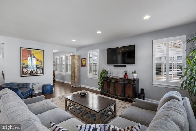 living area featuring recessed lighting, baseboards, and wood finished floors