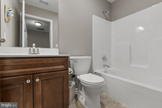 full bath featuring toilet, visible vents,  shower combination, and vanity