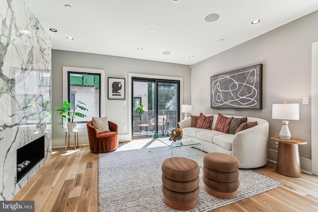 living room with a large fireplace and light wood-type flooring