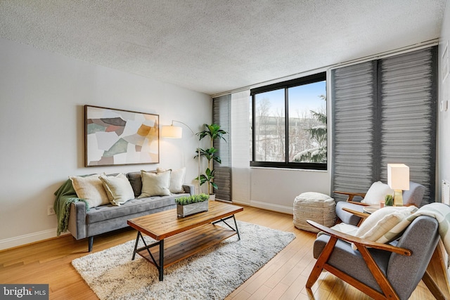 living room with a textured ceiling and light hardwood / wood-style floors