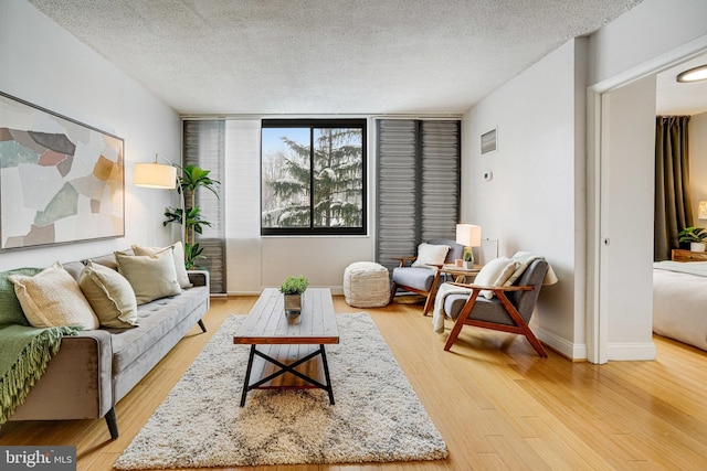 living room featuring hardwood / wood-style floors and a textured ceiling