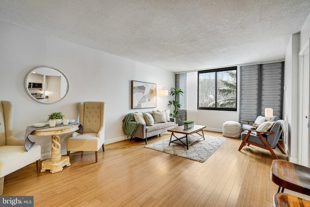 living room with light hardwood / wood-style floors and a textured ceiling