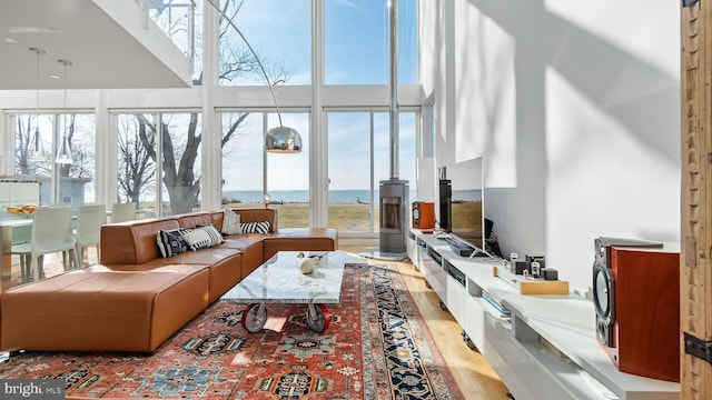 living area featuring light wood-type flooring and a high ceiling