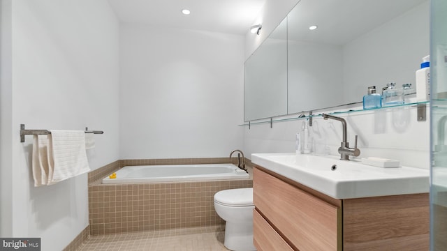 bathroom featuring toilet, recessed lighting, tile patterned flooring, a bath, and vanity