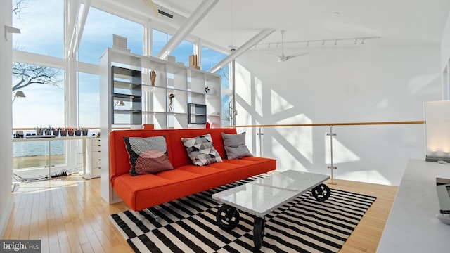 living area with rail lighting, a high ceiling, and wood-type flooring