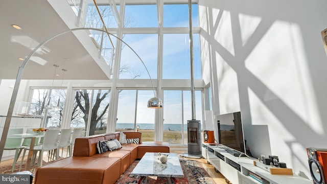 living area with wood finished floors, a healthy amount of sunlight, a towering ceiling, and floor to ceiling windows