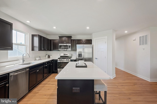 kitchen with light hardwood / wood-style floors, stainless steel appliances, a center island, and sink