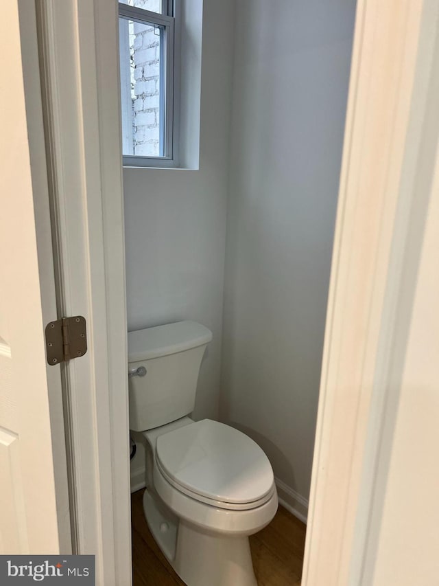 bathroom with hardwood / wood-style flooring and toilet
