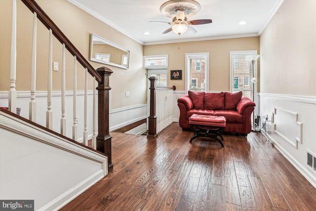 living area with recessed lighting, stairway, ornamental molding, dark wood finished floors, and ceiling fan