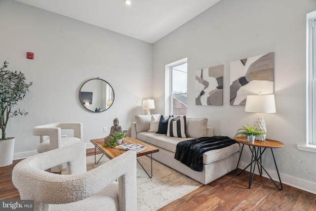 living room with vaulted ceiling and hardwood / wood-style floors