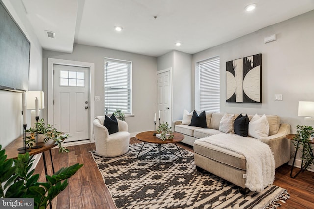 living room with dark hardwood / wood-style floors