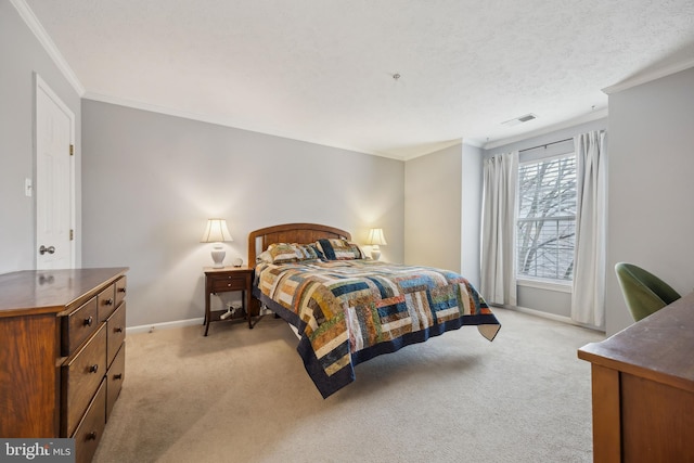 carpeted bedroom with ornamental molding and a textured ceiling