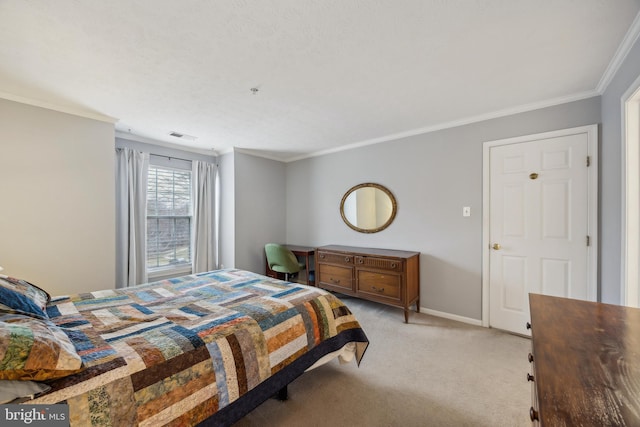 carpeted bedroom featuring ornamental molding