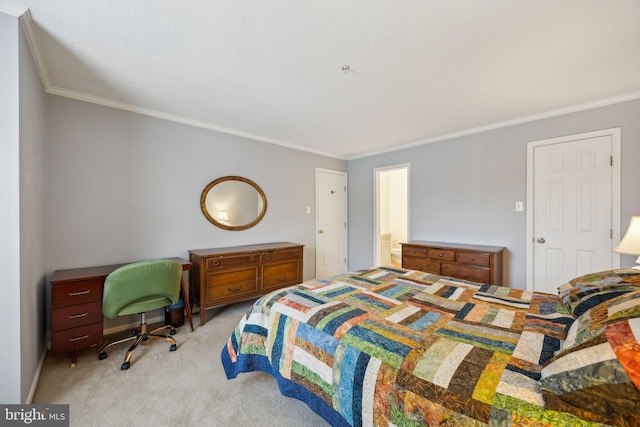 carpeted bedroom featuring crown molding