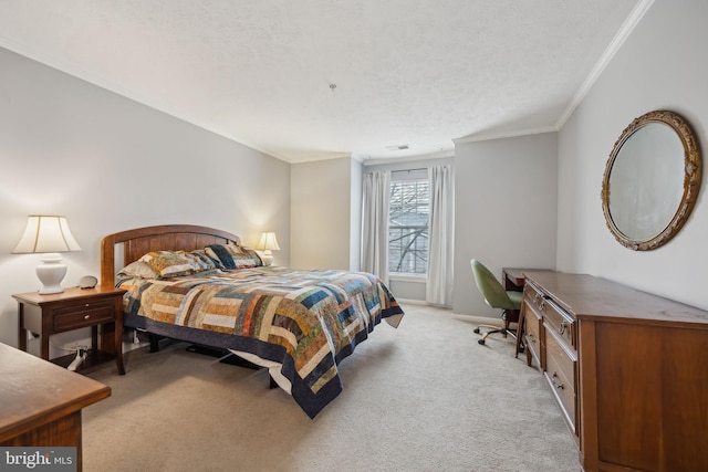 carpeted bedroom featuring ornamental molding and a textured ceiling