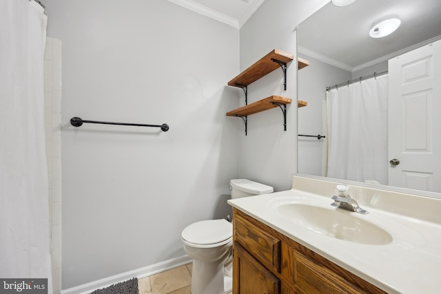 bathroom with crown molding, vanity, toilet, and tile patterned flooring