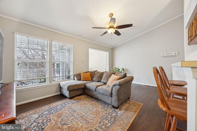 living room with crown molding, ceiling fan, lofted ceiling, and dark hardwood / wood-style floors