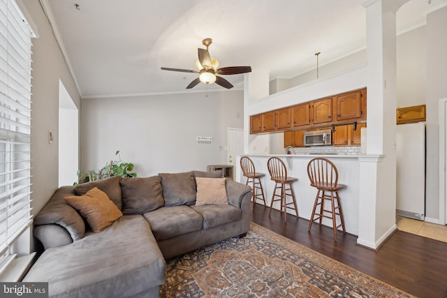 living room featuring ceiling fan, ornamental molding, and dark hardwood / wood-style floors