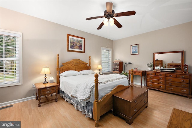 bedroom featuring ceiling fan and light wood-type flooring