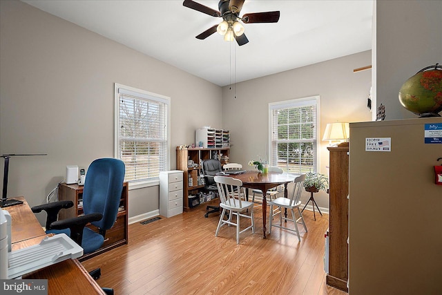 office area with ceiling fan and light hardwood / wood-style flooring