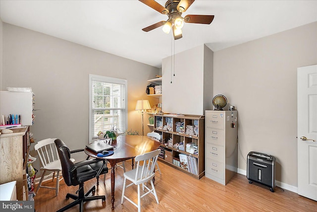 dining room with ceiling fan and light hardwood / wood-style flooring