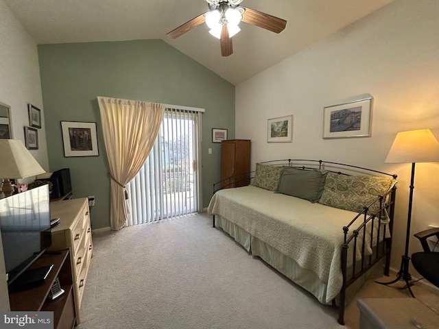 carpeted bedroom featuring access to exterior, high vaulted ceiling, and a ceiling fan