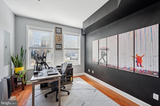 home office featuring hardwood / wood-style flooring and electric panel