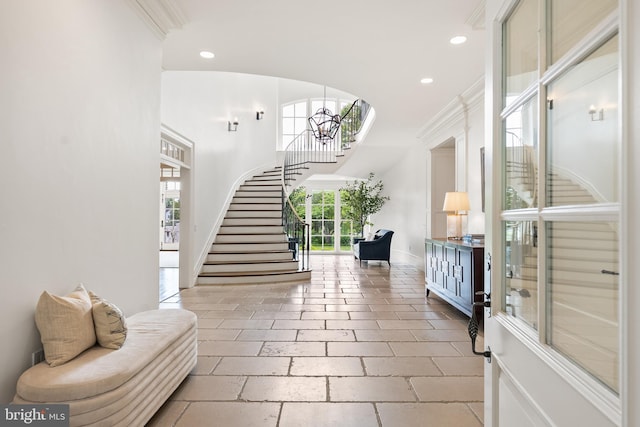 948 Melvin Rd, Annapolis, MD 21403 - foyer with stairs, recessed lighting, crown molding, and baseboards