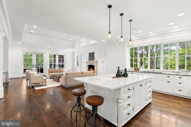 948 Melvin Rd, Annapolis, MD 21403 - kitchen with crown molding, a tray ceiling, white cabinets, dark wood finished floors, and a sink
