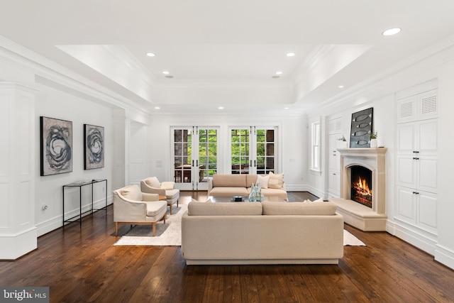 948 Melvin Rd, Annapolis, MD 21403 - living area with a tray ceiling, dark wood-style flooring, french doors, crown molding, and a fireplace
