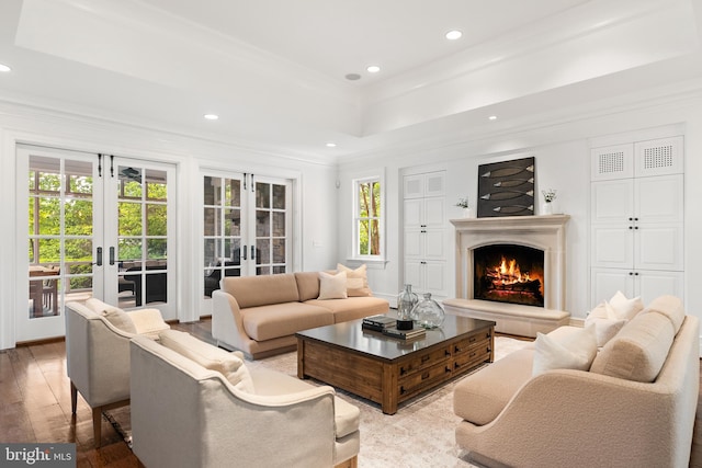 948 Melvin Rd, Annapolis, MD 21403 - living area with french doors, crown molding, recessed lighting, a fireplace, and hardwood / wood-style floors
