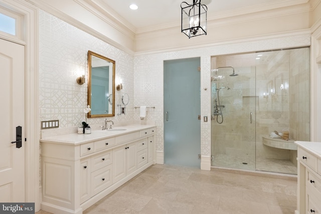 948 Melvin Rd, Annapolis, MD 21403 - full bathroom with crown molding, a shower stall, vanity, a chandelier, and tile patterned flooring