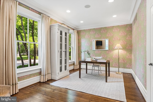 948 Melvin Rd, Annapolis, MD 21403 - home office with wallpapered walls, ornamental molding, wood-type flooring, baseboards, and recessed lighting