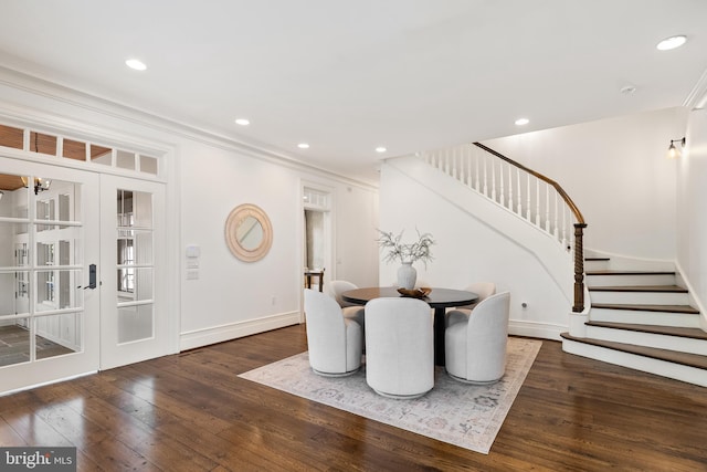 948 Melvin Rd, Annapolis, MD 21403 - dining room with stairs, wood-type flooring, crown molding, baseboards, and recessed lighting