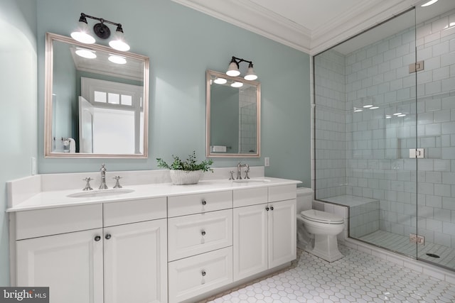 948 Melvin Rd, Annapolis, MD 21403 - full bath with ornamental molding, toilet, a shower stall, and double vanity