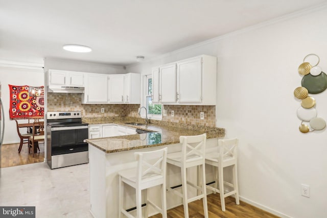 kitchen with sink, white cabinetry, stainless steel electric range oven, dark stone countertops, and kitchen peninsula