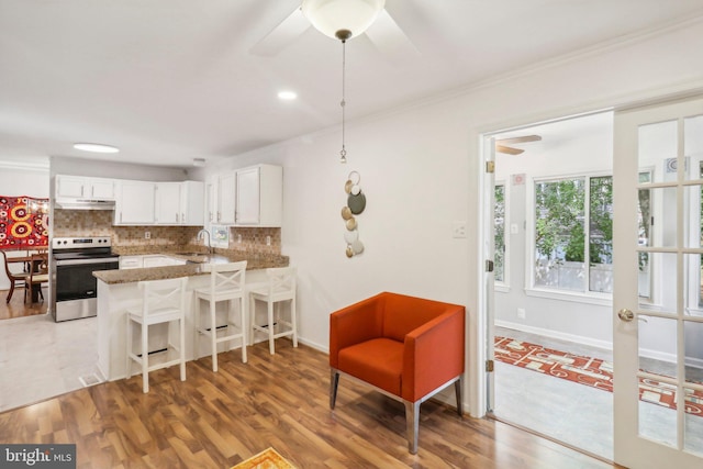 kitchen featuring sink, stainless steel electric range, kitchen peninsula, white cabinets, and backsplash