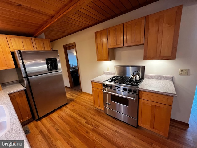 kitchen featuring wood ceiling, light wood-type flooring, beamed ceiling, and appliances with stainless steel finishes