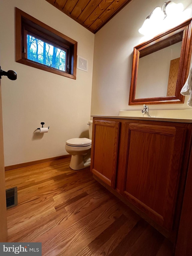 bathroom with wood ceiling, wood-type flooring, toilet, and vanity