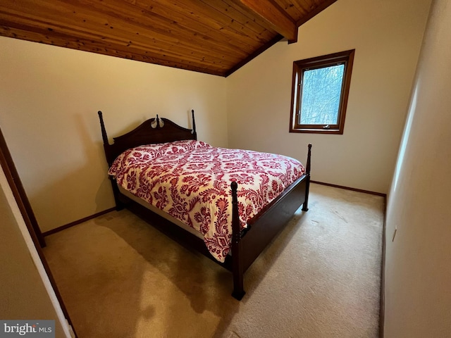 carpeted bedroom featuring wood ceiling and vaulted ceiling with beams