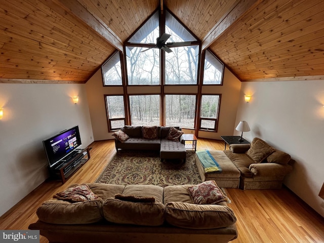 living room featuring wood ceiling, light hardwood / wood-style flooring, ceiling fan, beam ceiling, and high vaulted ceiling