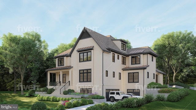 exterior space featuring covered porch and a front yard