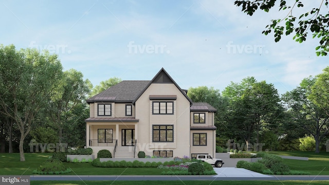 view of front facade featuring covered porch and a front lawn