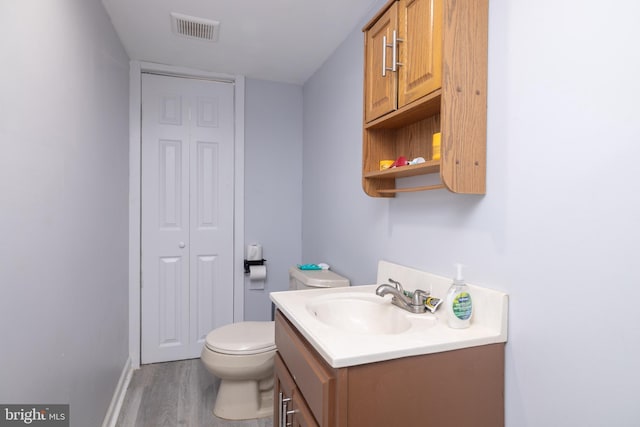 bathroom with wood-type flooring, vanity, and toilet