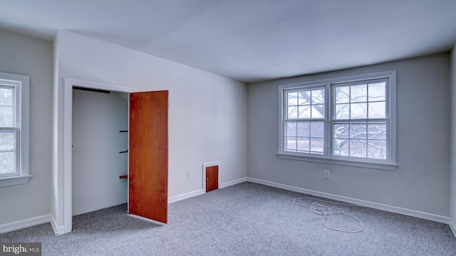 unfurnished bedroom featuring multiple windows, carpet flooring, and a closet