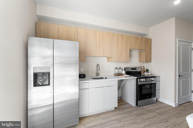 kitchen with light countertops, appliances with stainless steel finishes, a sink, modern cabinets, and light wood-type flooring