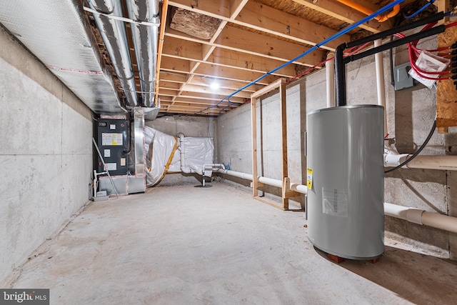 unfinished basement featuring water heater and heating unit