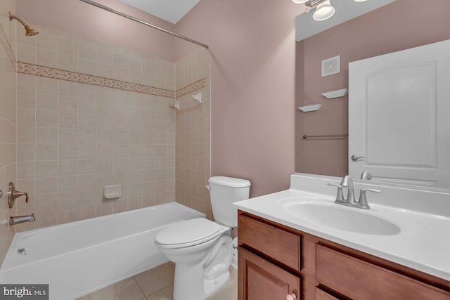 bathroom featuring visible vents, toilet, tile patterned floors, bathtub / shower combination, and vanity