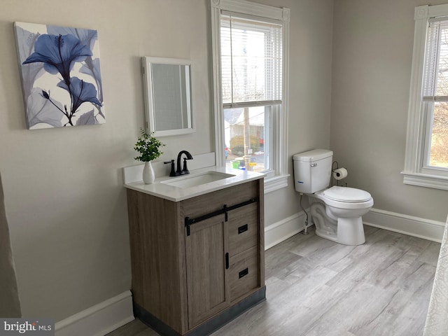 bathroom featuring wood finished floors, vanity, toilet, and a healthy amount of sunlight