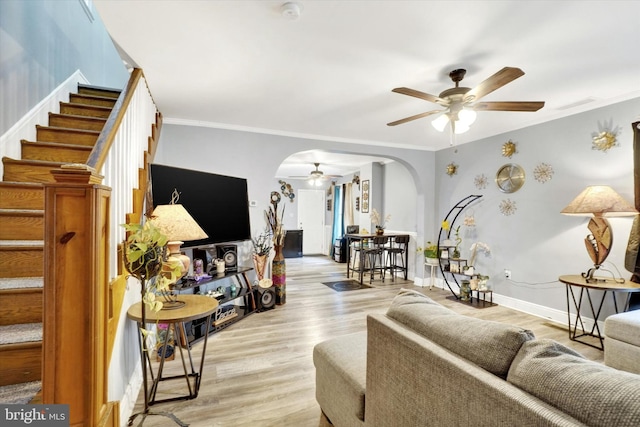 living room featuring crown molding, ceiling fan, and light wood-type flooring